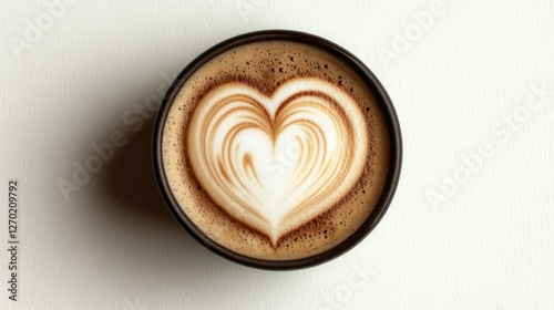 A perfectly crafted heart-shaped latte art in a dark brown cup. The warm brown and creamy white colors create a cozy and romantic mood. Enjoy your coffee!