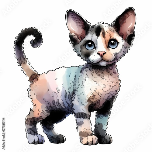 A cute Devon Rex cat, full-body, watercolor style, black outline, mischievous and cute