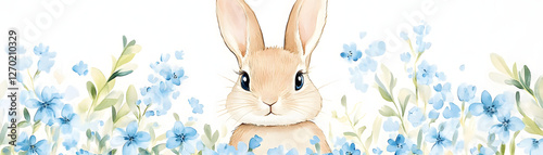 cute bunny surrounded by soft blue forget me nots, creating serene and whimsical atmosphere