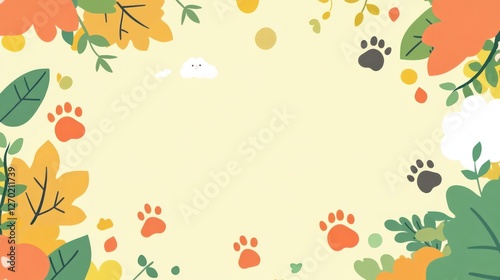 Cute Paw Prints and Floral Design Frame with Empty Space for Text