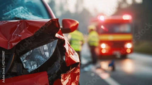 Red car involved in an accident with emergency responders nearby