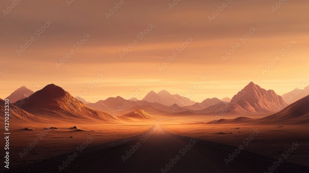Serene desert landscape at sunset with winding road Serene desert landscape at sunset with winding road