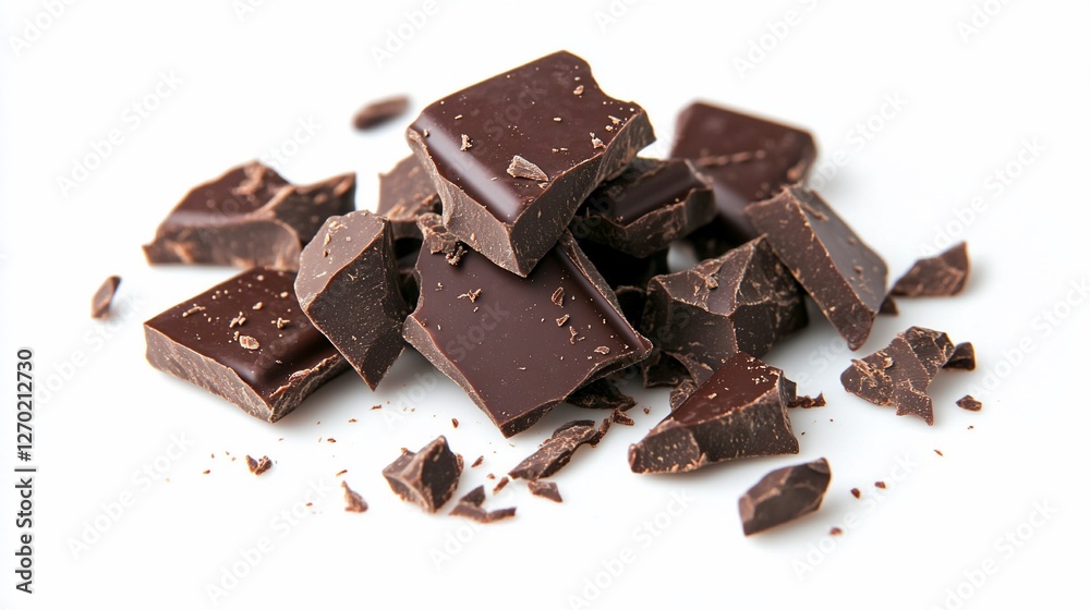 Dark chocolate chunks, broken, white background, dessert, food photography Dark chocolate chunks, broken, white background, dessert, food photography