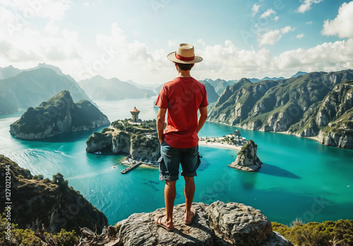 Straw hat man tourist stand with treasure chest on a rocky ledge top of mountain with beautiful land photo