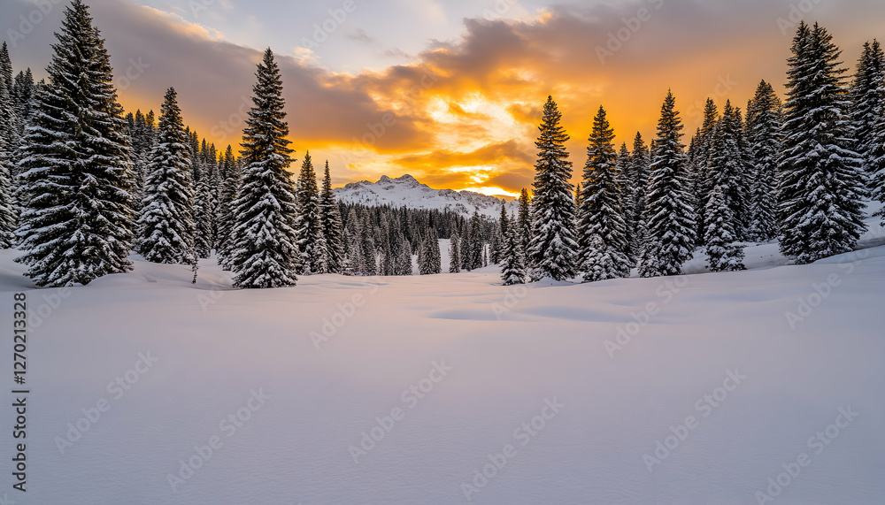 Fototapeta premium Serene winter sunset scene in a snow-covered forest with majestic mountains in the background. Perfect for calendars, winter travel brochures, or peaceful nature imagery.