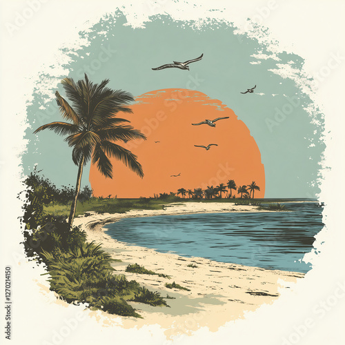 Retro vintage illustration of dry tortugas national park landscape design