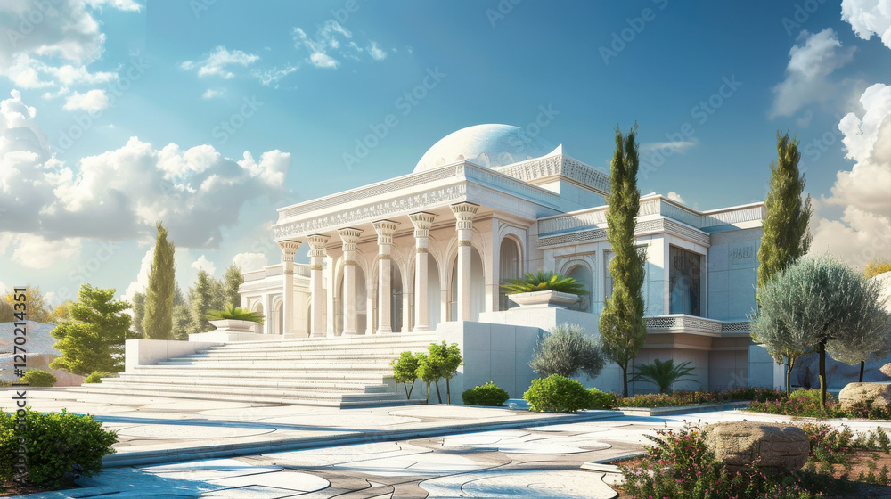 Obraz premium stunning architectural masterpiece featuring grand columns, dome, and lush greenery, set against bright sky