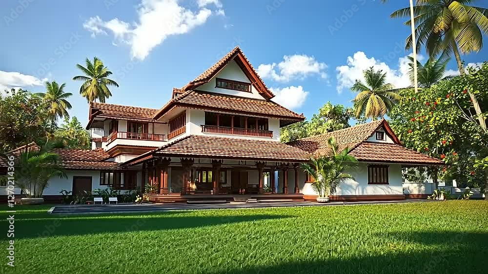 Beautiful traditional house surrounded by lush greenery and palm trees under a clear blue sky Beautiful traditional house surrounded by lush greenery and palm trees under a clear blue sky