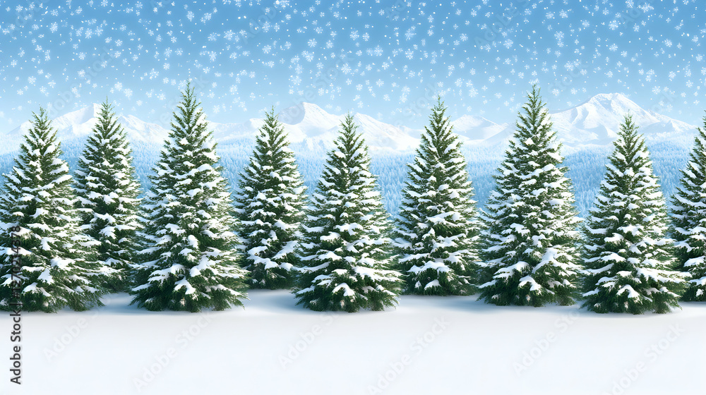 Fototapeta premium Serene winter landscape featuring snow-covered evergreen trees against a backdrop of majestic snow-capped mountains under a softly falling snow.