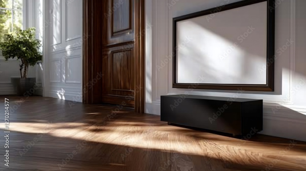 Empty Black Frame On Wall In Bright Minimalist Interior With Wooden Floor