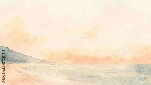 Watercolor Seascape Painting with Mountain Silhouette and Pastel Sky