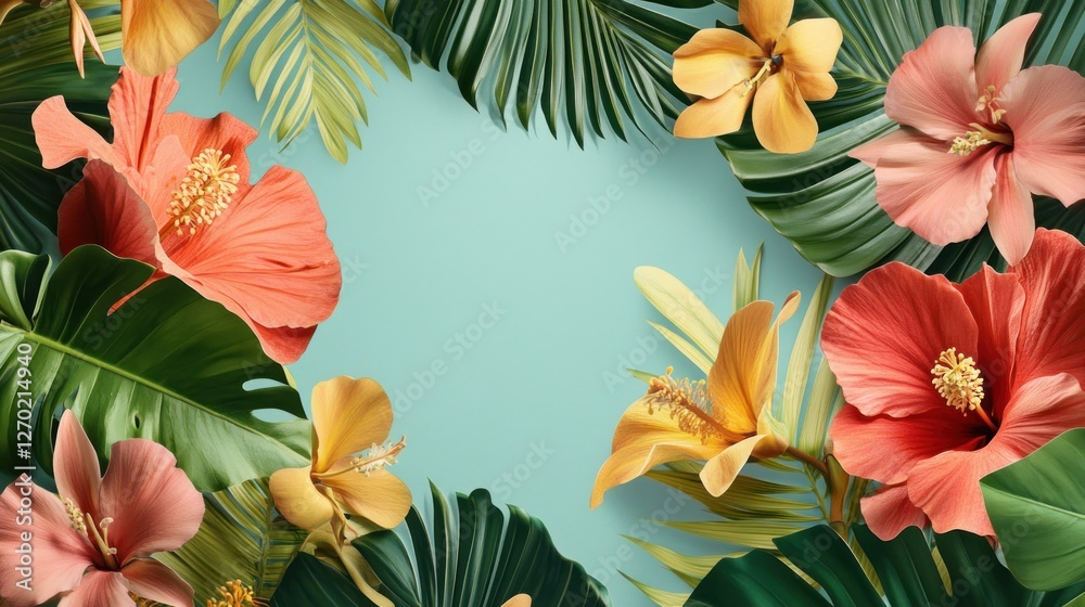 Naklejka premium Tropical flowers frame, blue background, summer design