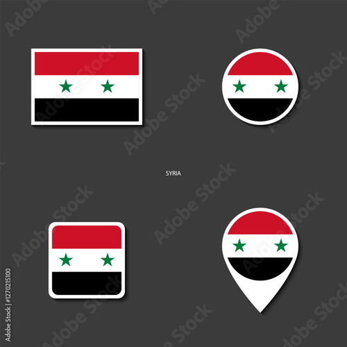 Syria flag icon set in different shape (rectangle, circle, square and marker icon) on dark grey background. Syria sticker icon collection on barely dark background	