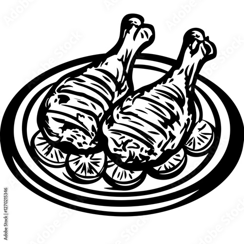 tandoori chicken, Minimalist Food Sketches: Classic Black and White Vector Illustrations, isolated, No background