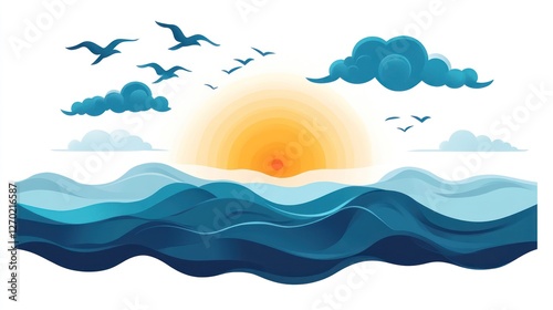 Stylized Seascape Illustration with Birds, Clouds, and Rising Sun