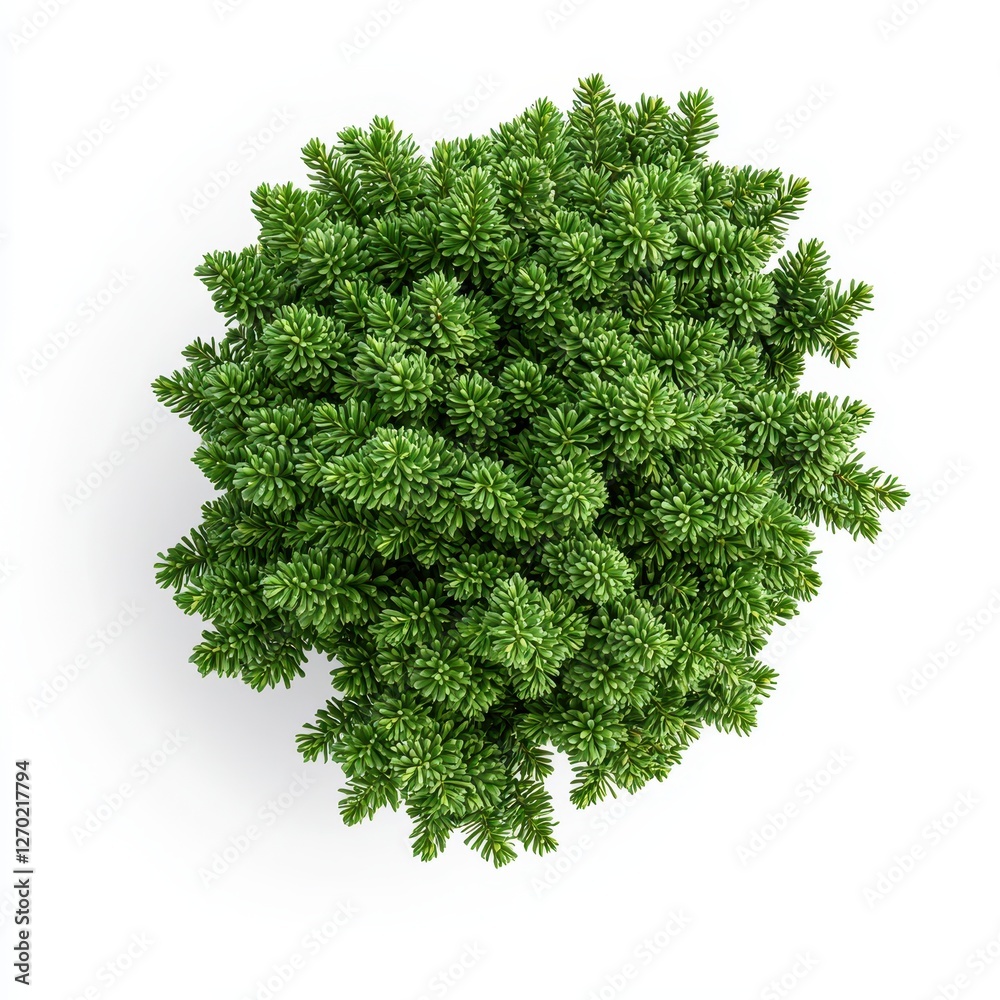Fototapeta premium A lush, spherical arrangement of vibrant green foliage, resembling a small conifer or decorative plant, set against a clean white background.
