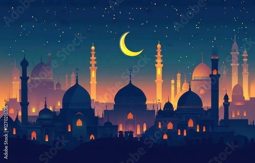 Nighttime Islamic city skyline with illuminated mosques and crescent moon photo