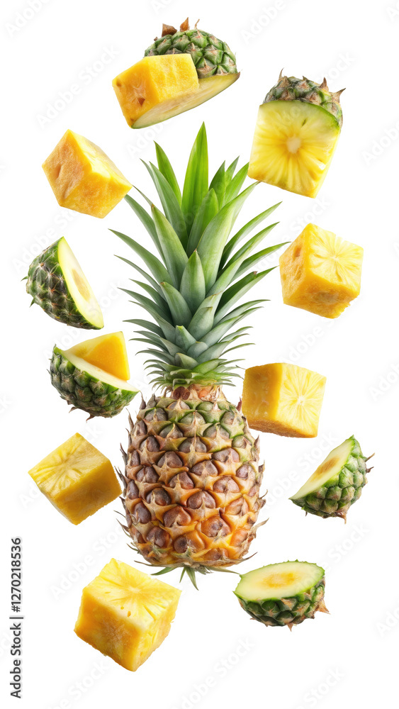 flying pineapple slices isolated on transparent white background, clipping path flying pineapple slices isolated on transparent white background, clipping path
