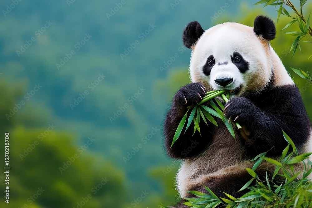 Obraz premium Gentle Panda Sitting Amongst Lush Green Bamboo Forest Enjoying a Healthy Meal in a Peaceful Natural Habitat Evoking Tranquility and Harmony with Nature
