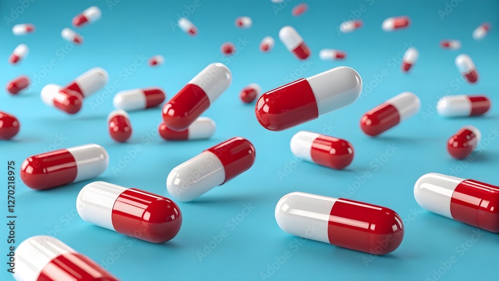 Floating Red and White Capsules on a Bright Blue Background, Pharmaceutical Pills for Medical Treatment, Healthcare, and Medication Concept Floating Red and White Capsules on a Bright Blue Background, Pharmaceutical Pills for Medical Treatment, Healthcare, and Medication Concept