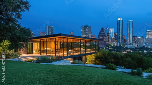 Modern Glass Pavilion overlooking Austin Skyline at Dusk