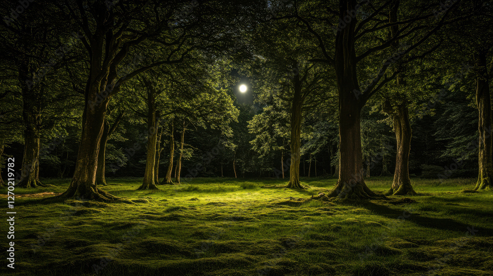 Obraz premium peaceful moonlit glade surrounded by towering trees, creating serene atmosphere