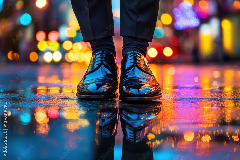 Fototapeta premium Polished dress shoes reflecting city lights on a wet sidewalk during a rainy evening