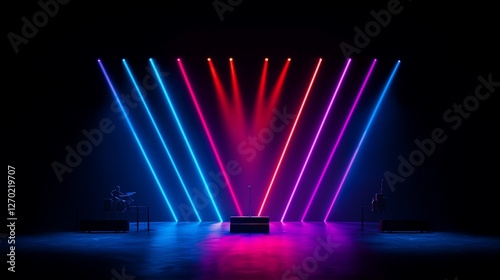 Neon stage lights illuminate empty concert stage.
