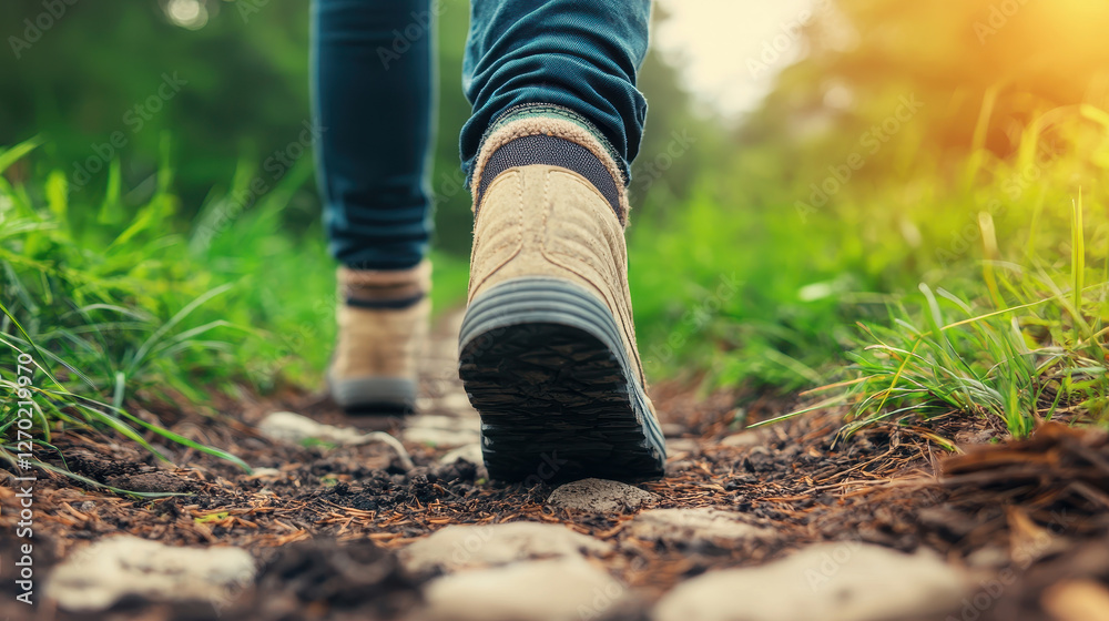 Exploring nature with hiking boots on trail surrounded by grass Exploring nature with hiking boots on trail surrounded by grass