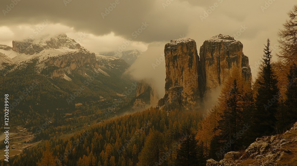 Fototapeta premium Majestic mountain landscape with snow-capped peaks and autumn foliage under dramatic skies