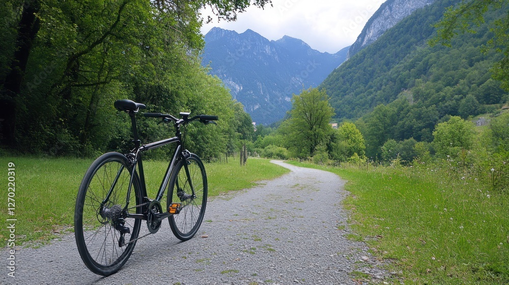 Fototapeta premium Serene Cycling Escape: Black Bicycle on Scenic Mountain Trail