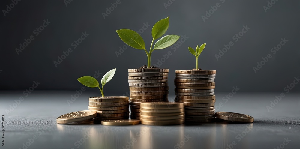 Stack of coins with a sprouting plant on top, representing financial growth, isolated on a transparent background.