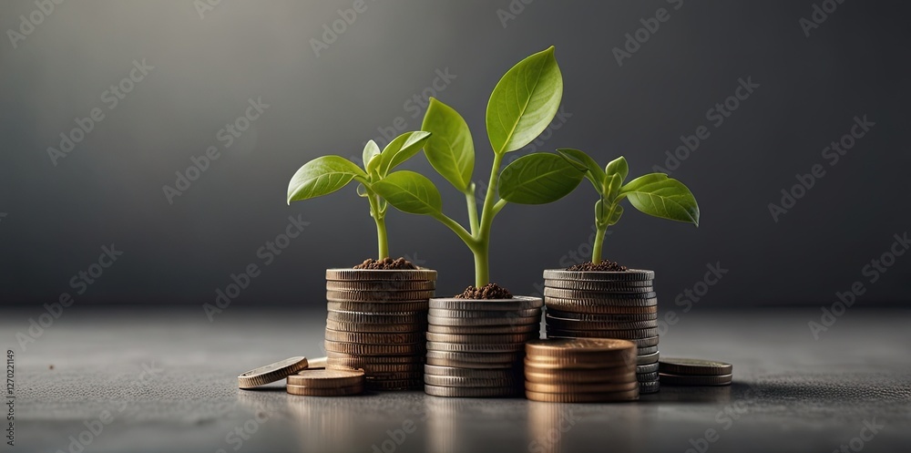 Stack of coins with a sprouting plant on top, representing financial growth, isolated on a transparent background. Stack of coins with a sprouting plant on top, representing financial growth, isolated on a transparent background.
