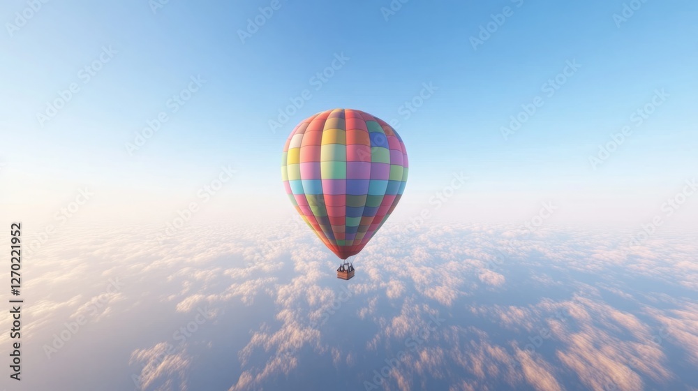 Obraz premium A vibrant hot air balloon soars above a breathtaking sea of clouds, a pastel-colored spectacle against a clear blue sky. Pure serenity.