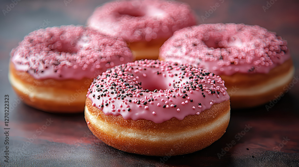 Four pink donuts with sprinkles on a dark surface, close-up view. Four pink donuts with sprinkles on a dark surface, close-up view.