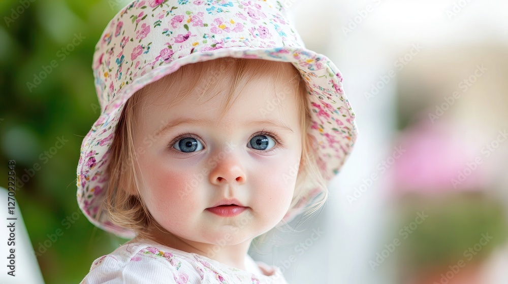 Baby girl in floral hat, outdoors, garden background, portrait Baby girl in floral hat, outdoors, garden background, portrait