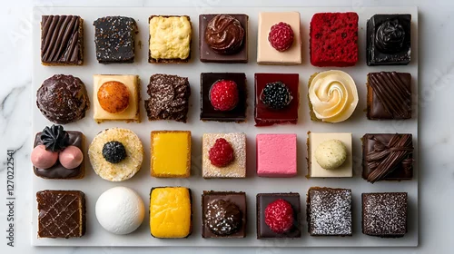 Panel kuchenny z motywem Assorted mini desserts on marble tray, overhead shot, perfect for bakery menu or food blog