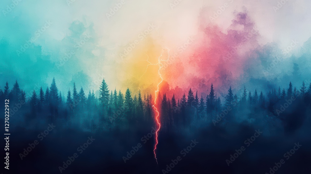 Fototapeta premium Dramatic Lightning Illuminates Dense Forest Under Dark Stormy Sky Creating a Powerful and Intense Natural Scene Filled with Energy and Tension