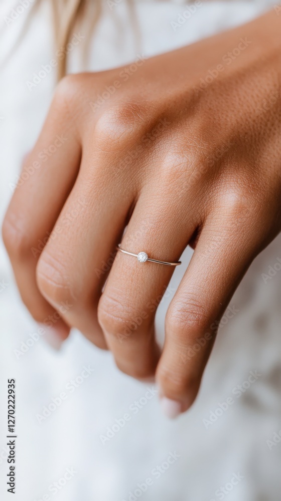 Close up of a models hand adorned with a minimalist silver ring on a marble surface Close up of a models hand adorned with a minimalist silver ring on a marble surface
