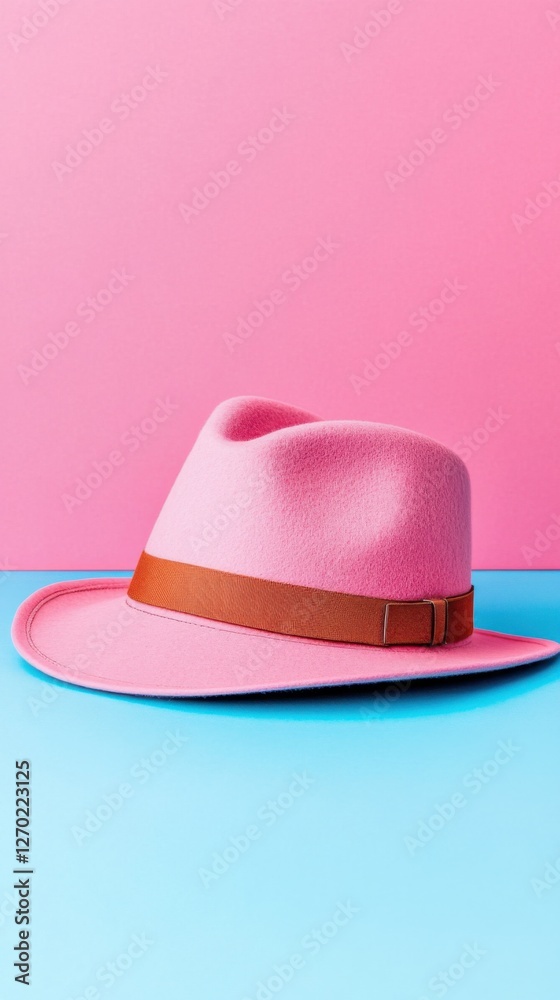 Stylish wide brimmed hat resting on a clean surface with a colorful minimalistic backdrop Stylish wide brimmed hat resting on a clean surface with a colorful minimalistic backdrop