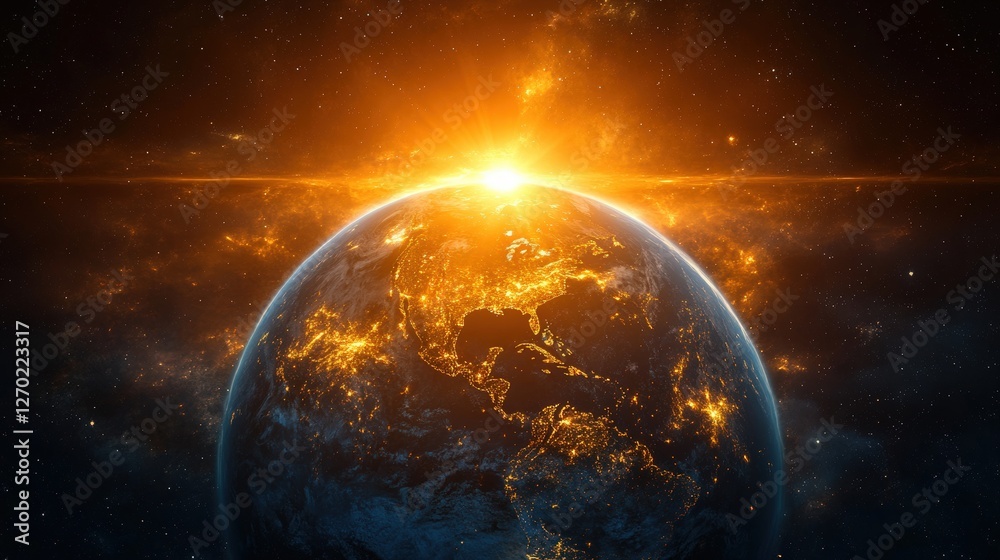 Fototapeta premium Stunning Earth View from Space at Sunrise with Bright Solar Rays