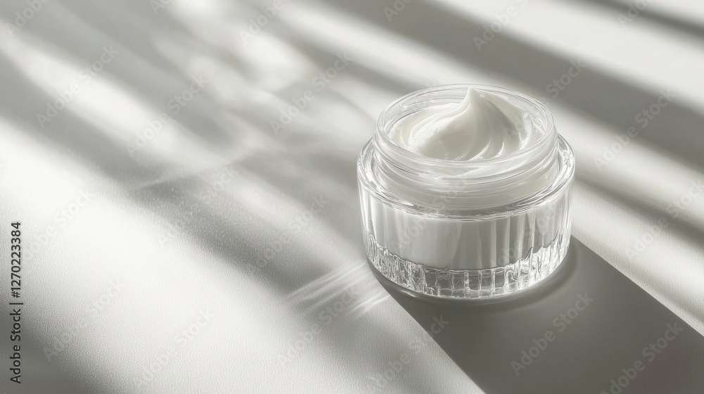 Moisturizing Cream in Glass Jar on Soft Surface with Sunlight Shadows Moisturizing Cream in Glass Jar on Soft Surface with Sunlight Shadows