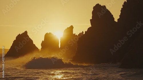 Golden sunset illuminating rocky coastline with waves crashing in serene ocean backdrop