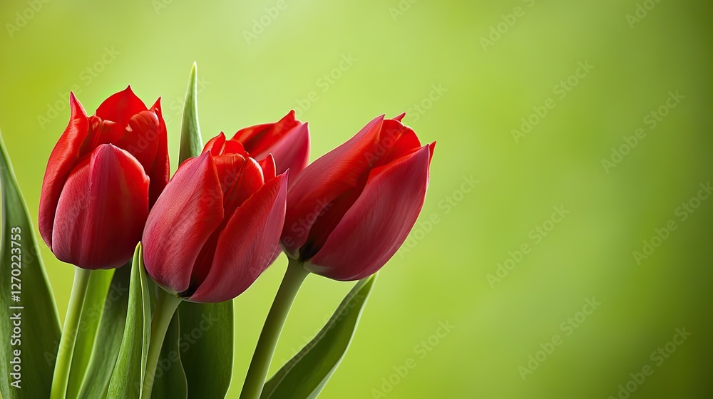 Vibrant Red Tulips in Bloom with Delicate Petals and Bright Colors, Natural Sunlight, Sharp Focus on One Flower, Soft Green Background Bokeh Effect Vibrant Red Tulips in Bloom with Delicate Petals and Bright Colors, Natural Sunlight, Sharp Focus on One Flower, Soft Green Background Bokeh Effect