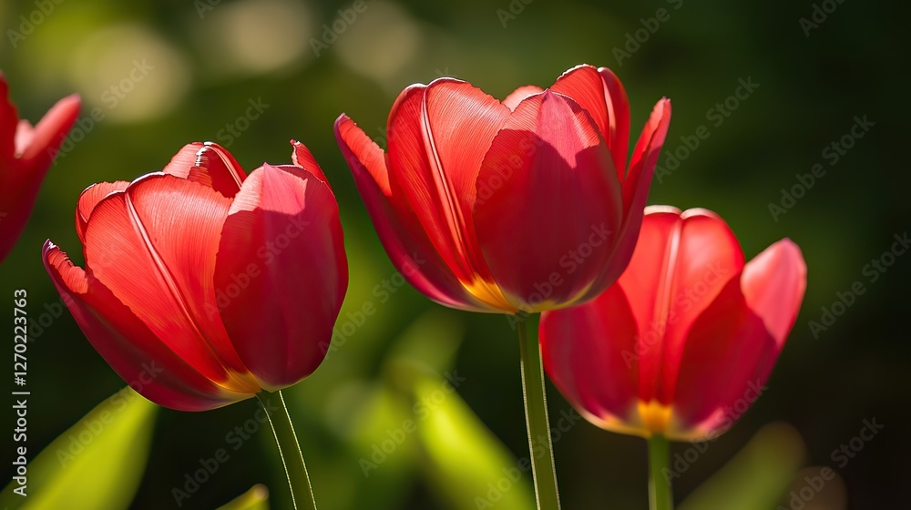 Vibrant Red Tulips in Bloom with Delicate Petals and Bright Colors, Natural Sunlight, Sharp Focus on One Flower, Soft Green Background Bokeh Effect Vibrant Red Tulips in Bloom with Delicate Petals and Bright Colors, Natural Sunlight, Sharp Focus on One Flower, Soft Green Background Bokeh Effect