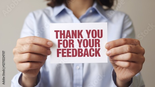 Person holding card expressing gratitude for feedback received