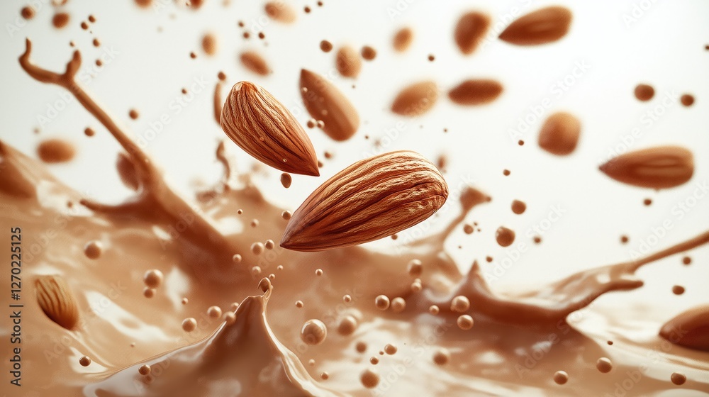 Fototapeta premium Almonds splashing in creamy liquid with dynamic motion