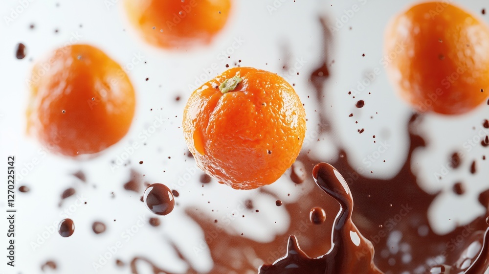 Mandarins splashing in chocolate and water droplets Mandarins splashing in chocolate and water droplets
