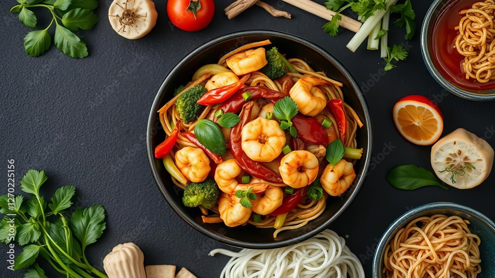 Pad thai noodles with shrimp, bell peppers, carrots, and green onions on a black plate, top view, flavorful, Asian food, stir fry Pad thai noodles with shrimp, bell peppers, carrots, and green onions on a black plate, top view, flavorful, Asian food, stir fry