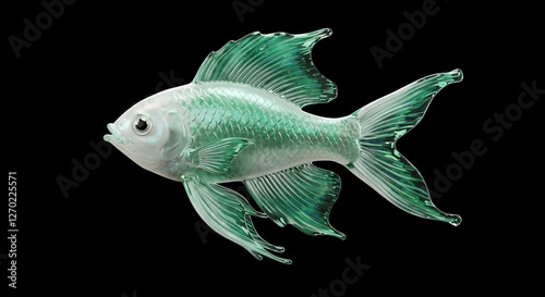 Glass sculpture depicting a translucent green fish on black background